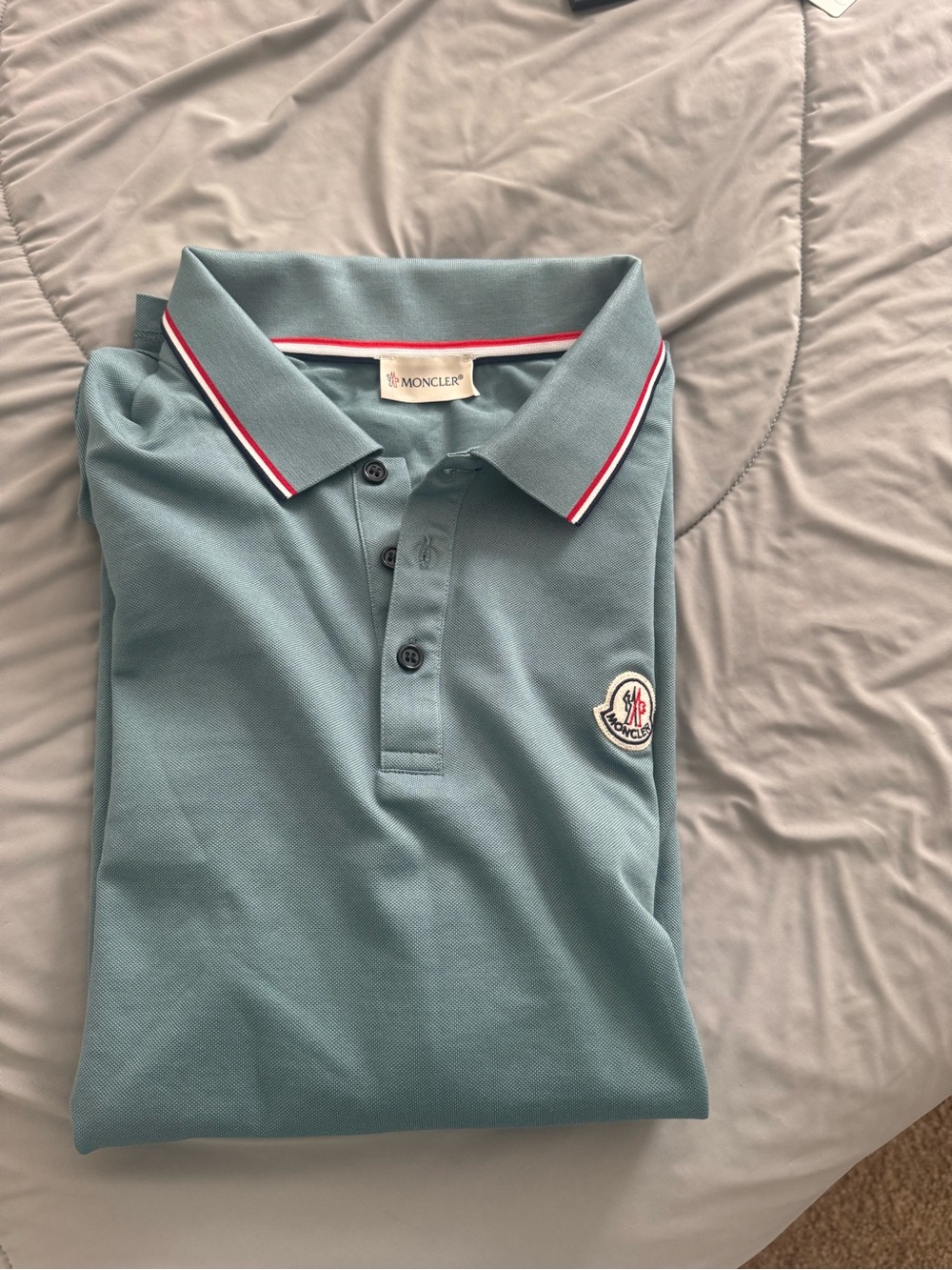 Moncler Men's Sky Blue Polo with Red-Trim Collar